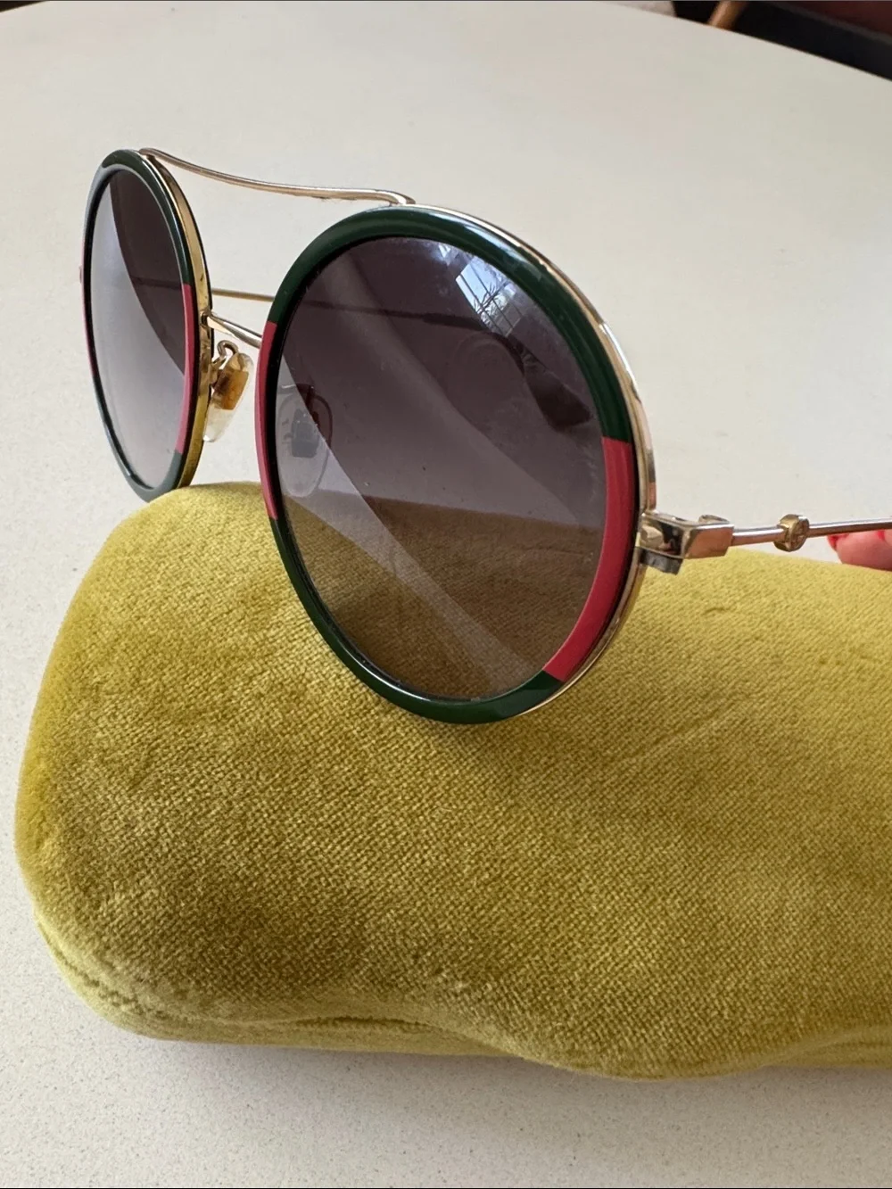 Authentic Gucci Round Gold Double-Bridge Sunglasses with Green and Red Trim